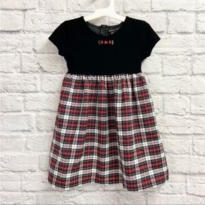 Emily West Girl Christmas Holiday Dress Size 4 Cap Sleeve Plaid Velour Black Red